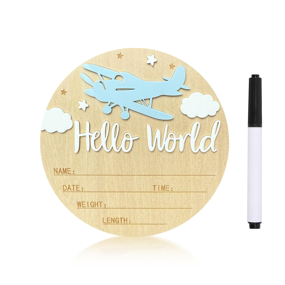 Ziyutam Hello World airplane sign boosts newborn announcement photos.