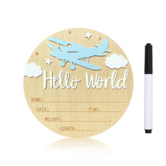 Ziyutam Hello World airplane sign boosts newborn announcement photos.