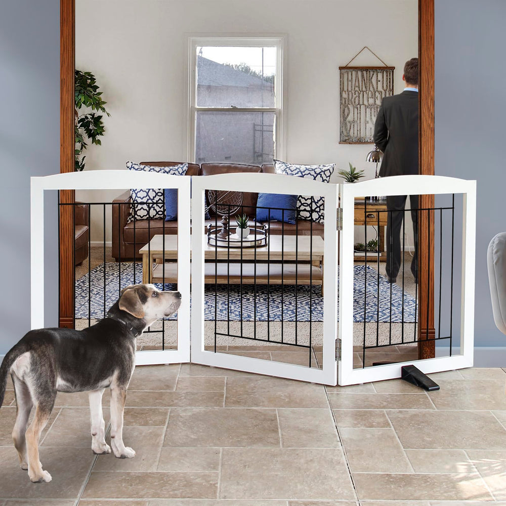 ZJSF freestanding dog gate in white with three panels fits doorways securely.