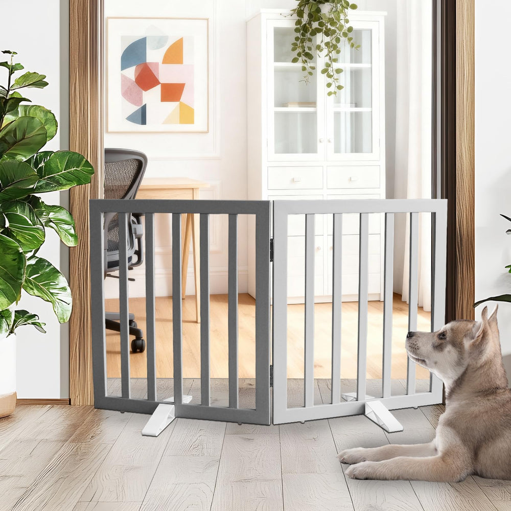 ZJSF freestanding dog gate in cedar wood for versatile doorway use.