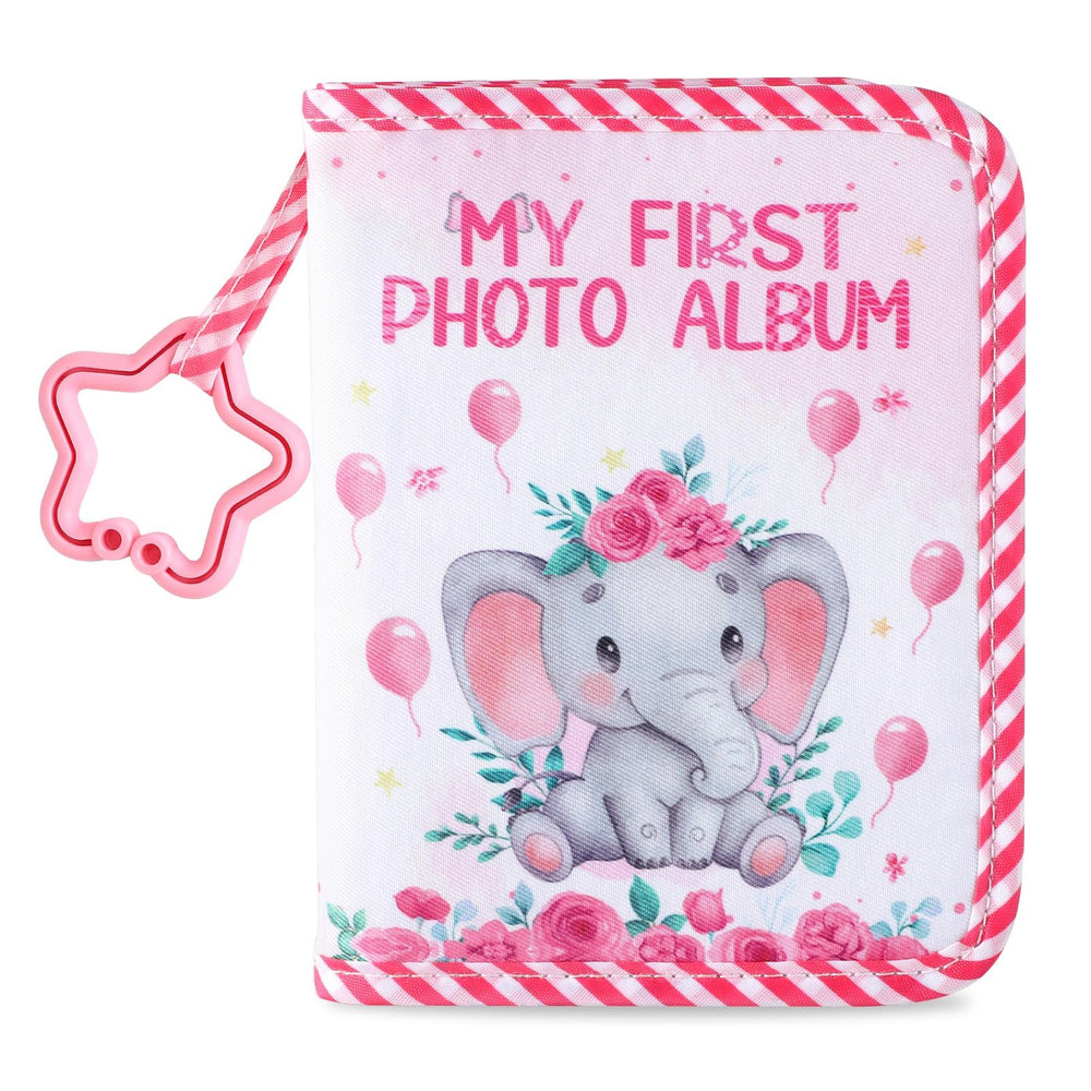 ZOIIWA Baby's First Family Album cover with pink elephant design, a perfect keepsake for newborn memories.