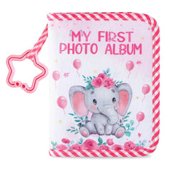 ZOIIWA Baby's First Family Album cover with pink elephant design, a perfect keepsake for newborn memories.