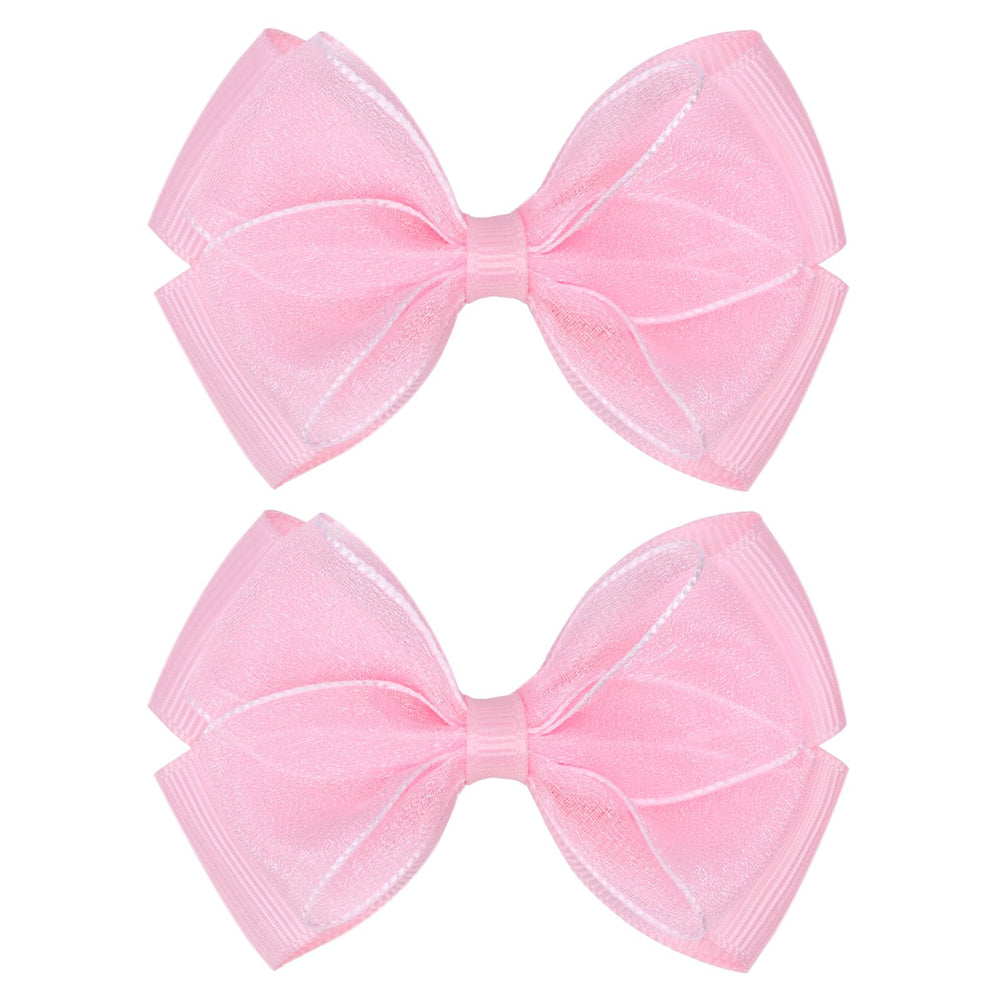 Zolyco Tiny 3-Inch Organza Glitter Bow light pink close-up, gentle on hair.