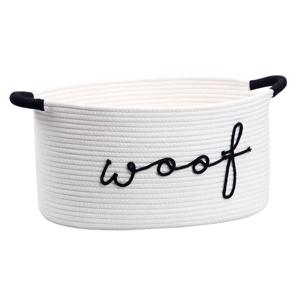 ZOMBATI Woof dog toy basket close-up weave for stylish toy organization.