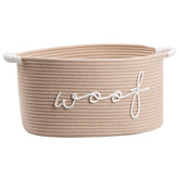 ZOMBATI Woof woven rope storage bin keeps toys neatly organized for easy access.