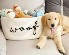 ZOMBATI Woof dog toy basket woven cotton rope holds toys neatly.