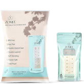 Zomee breast milk storage bag showing 8oz capacity for secure on-the-go storage.