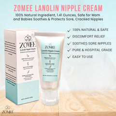 Zomee Lanolin Nipple Cream texture close-up highlights creamy hydration and non-greasy feel.