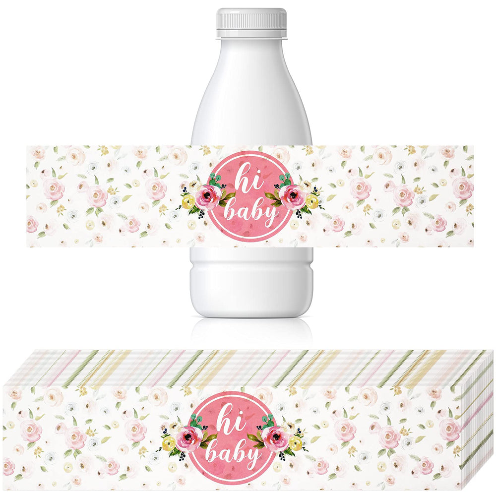 Zonon pink floral baby shower label on a water bottle, waterproof and vibrant.