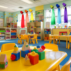 Zonon rainbow curtains hung over a window brighten the first day of school.
