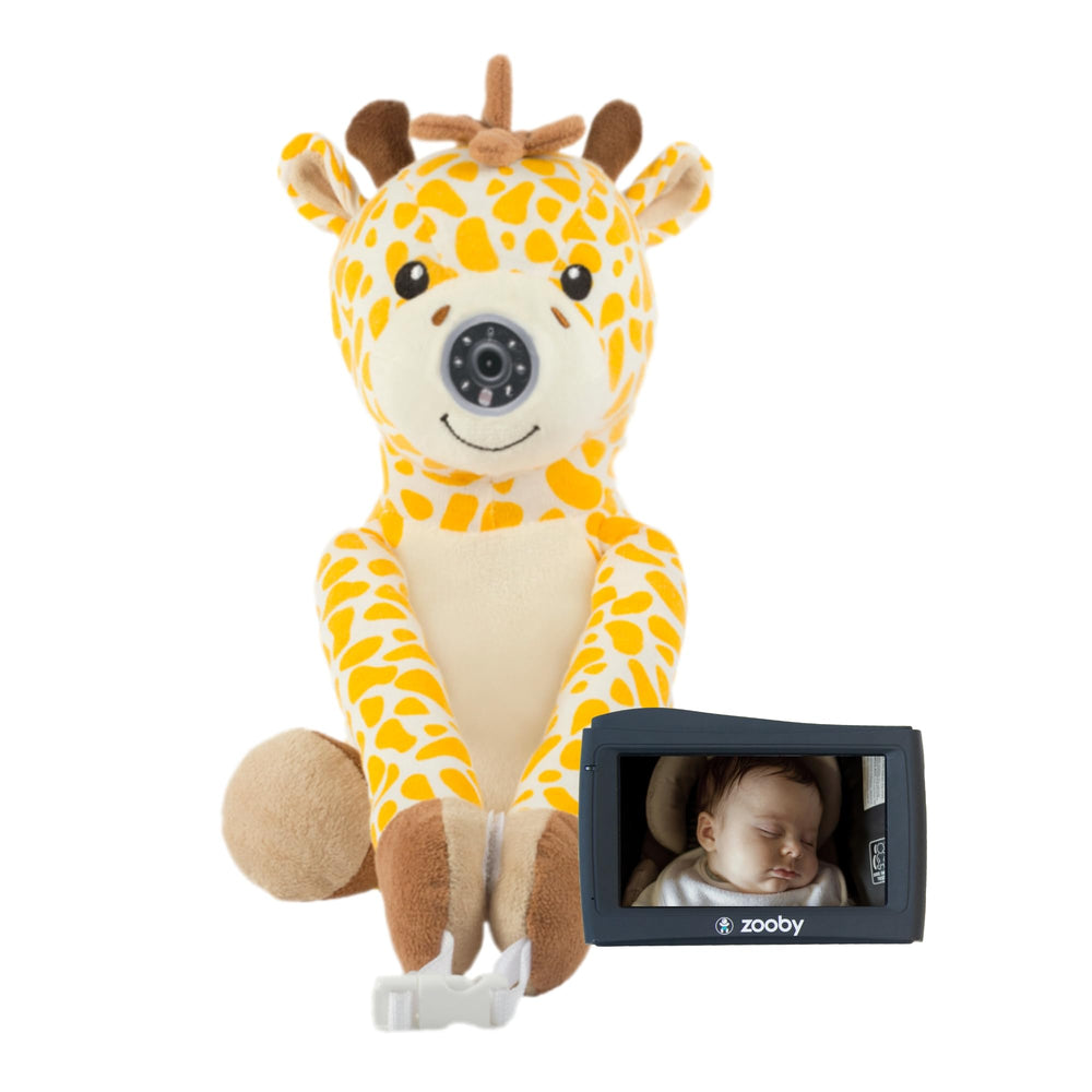 Zooby car baby monitor plush camera provides comforting visuals for baby during rides.