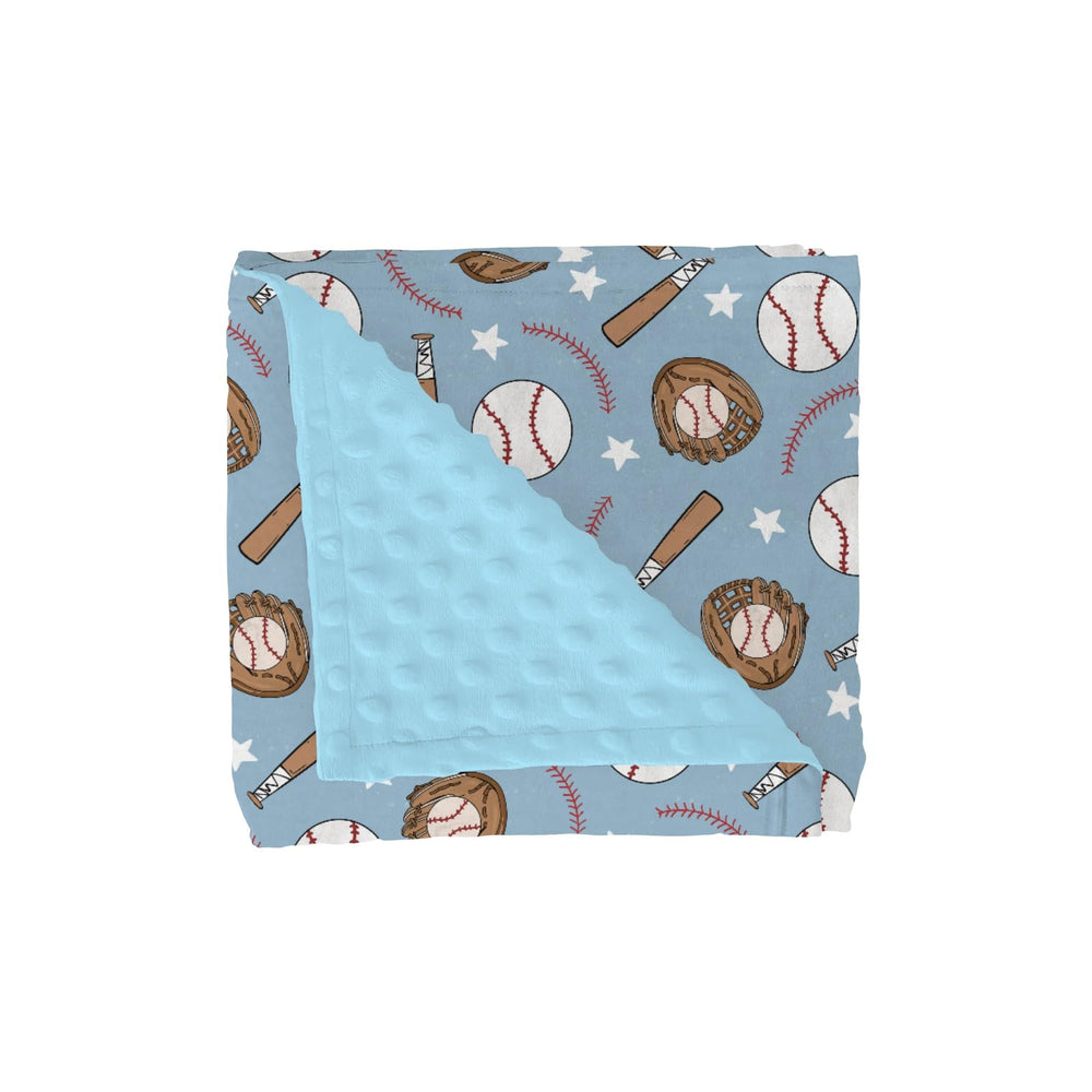 ZoUbqchY blue baseball baby blanket front view with plush warmth for cuddling.