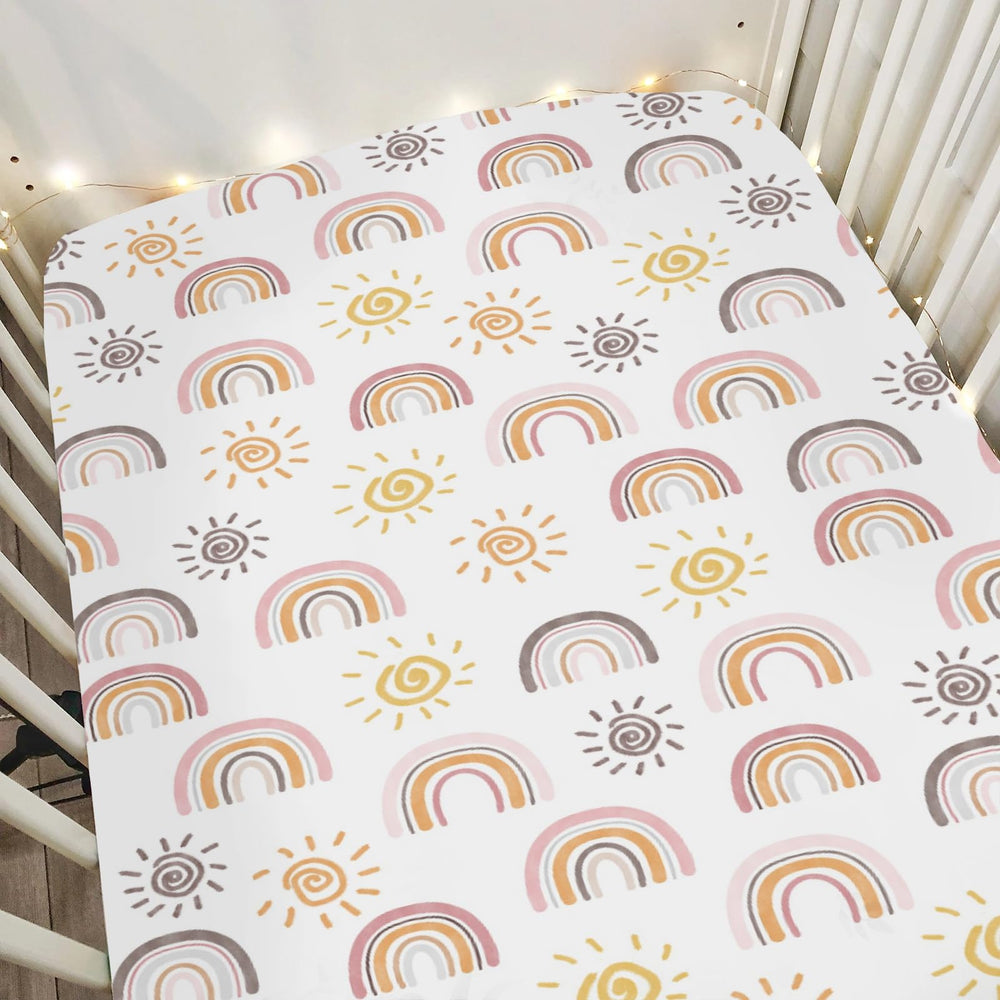 ZoUbqchY Boho Rainbow Sun crib sheet flatlay shows soft, durable fabric for baby comfort