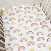 ZoUbqchY Boho Rainbow Sun crib sheet flatlay shows soft, durable fabric for baby comfort