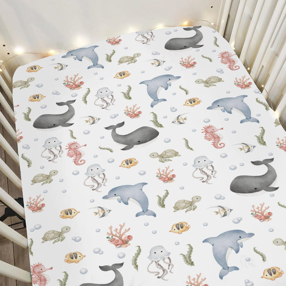 ZoUbqchY watercolor sea animals crib sheet close-up on whale design, breathable soft fabric.