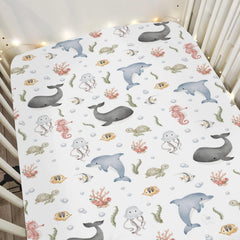 ZoUbqchY watercolor sea animals crib sheet close-up on whale design, breathable soft fabric.