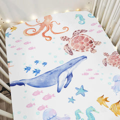 ZoUbqchy colorful ocean animals crib sheet shows vibrant sea life for a cozy nursery.