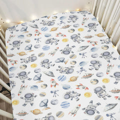 ZoUbqchY Space Astronaut Rocket Watercolor crib sheet for a cozy, engaging nursery.