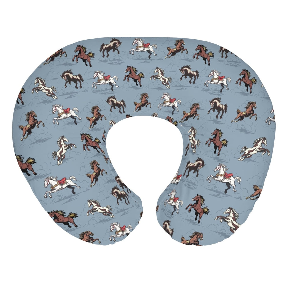 ZoUbqchY vintage wild horses nursing cover in blue closeup, soft fabric for gentle feeding.