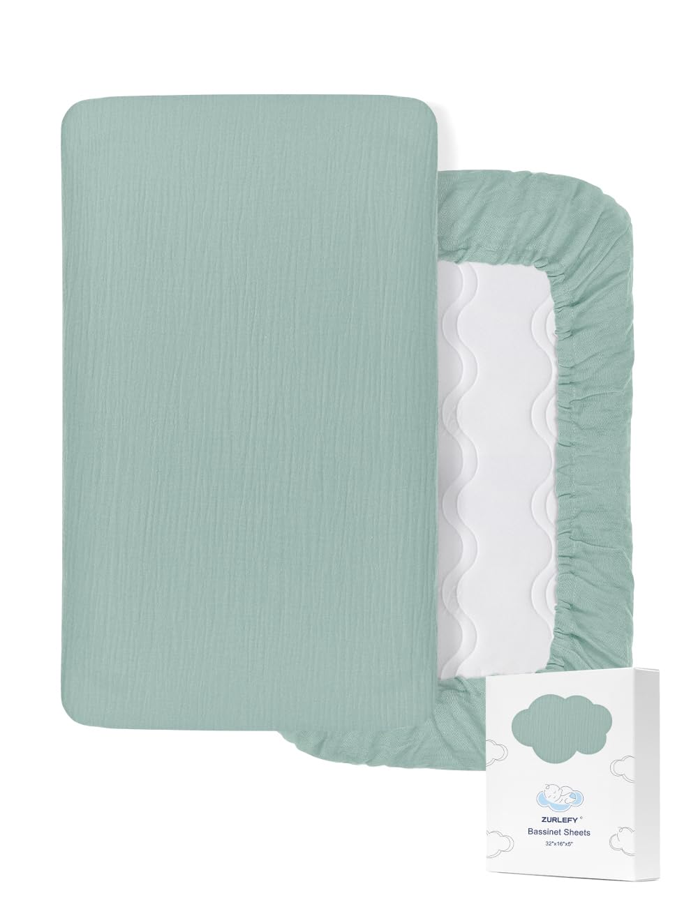 ZURLEFY light blue bassinet sheet folded, soft muslin fabric for delicate baby skin.