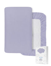 ZURLEFY Purple Muslin Crib Sheet front view showing soft cotton comfort for baby sleep