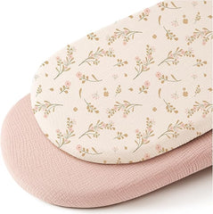 ZXYIVOO floral pink muslin bassinet sheet for oval cradles, breathable and gentle on skin.