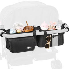 ZZM double stroller organizer showing large storage space for snacks, bottles, and toys during a family outing