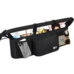 ZZM double stroller organizer with six compartments keeps everyday essentials tidy for outings.