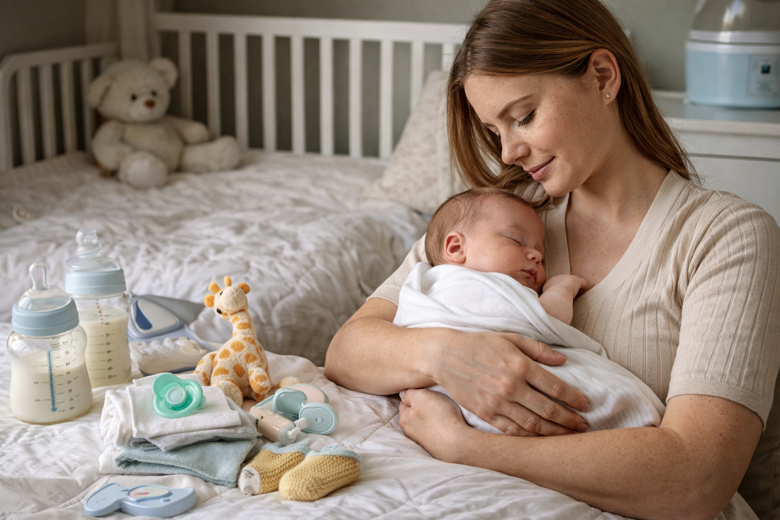 K newborn essentials checklist featuring safe sleep cribs, feeding supplies, nappies, baby clothing and travel gear for 0-3 months