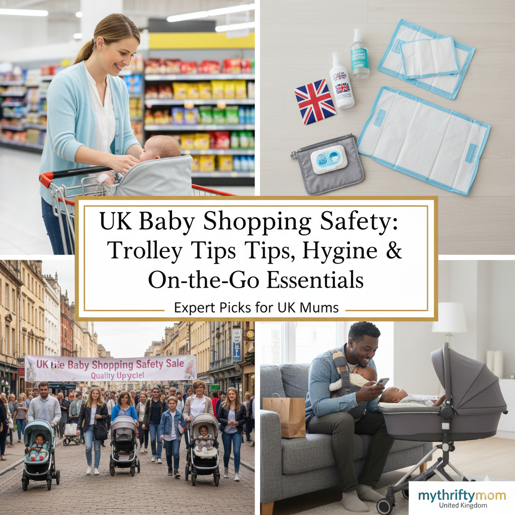 UK baby shopping safety guide showing shopping trolley covers, lightweight pushchairs, hygiene essentials and on-the-go comfort items