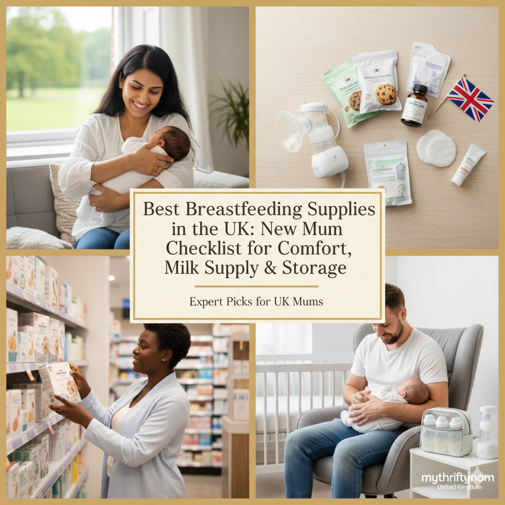 Essential breastfeeding supplies for UK new mums including breast pumps, milk storage bags and nursing comfort items