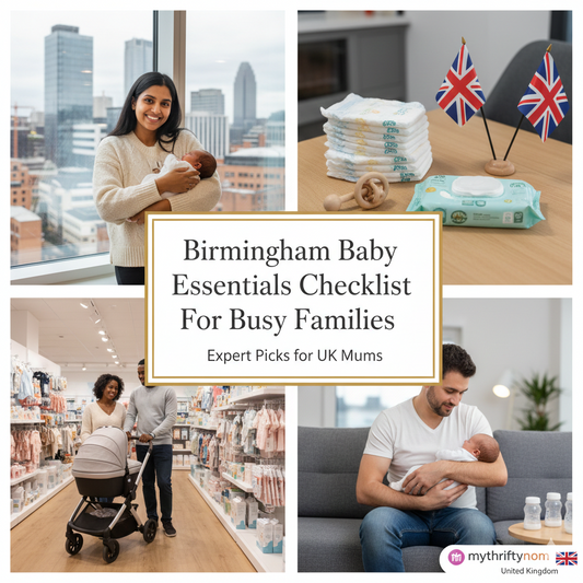 Birmingham baby essentials checklist featuring feeding supplies, nappies, changing gear and practical items for busy families