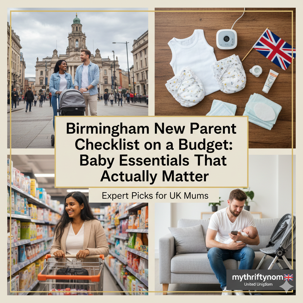 Birmingham budget baby essentials checklist including affordable prams, feeding supplies, nappies and postpartum recovery items for new parents