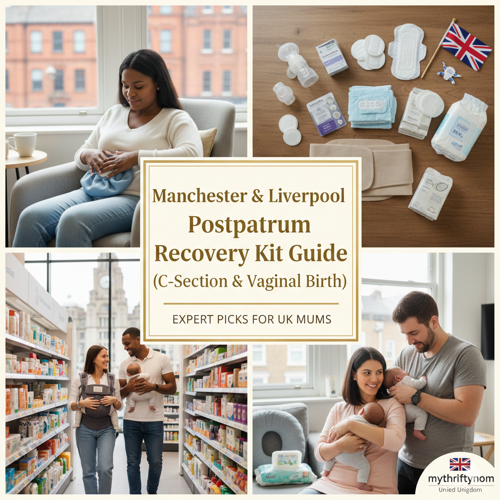 Manchester and Liverpool postpartum recovery kit featuring C-section care essentials, vaginal birth recovery supplies, bathroom comfort items and healing support