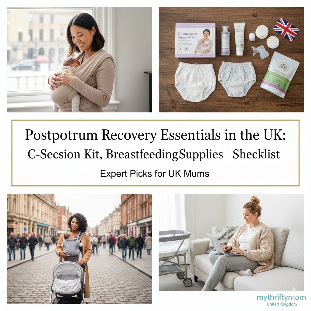 UK postpartum recovery essentials including C-section care kit, breastfeeding supplies, nursing pads and new mum comfort items