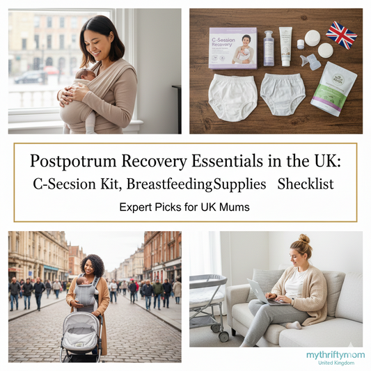 UK postpartum recovery essentials including C-section care kit, breastfeeding supplies, nursing pads and new mum comfort items