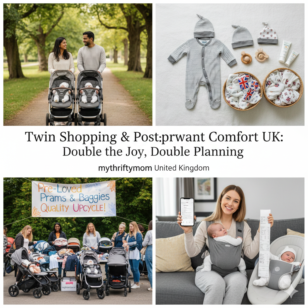 UK twin shopping guide featuring double shopping cart covers, hygiene essentials, postpartum comfort products and health supplies for new mums