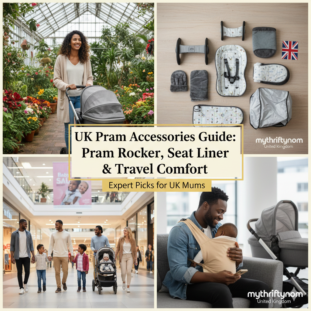 UK pram accessories including rechargeable stroller rocker, breathable seat liner, travel pillow and cup holder for pushchairs