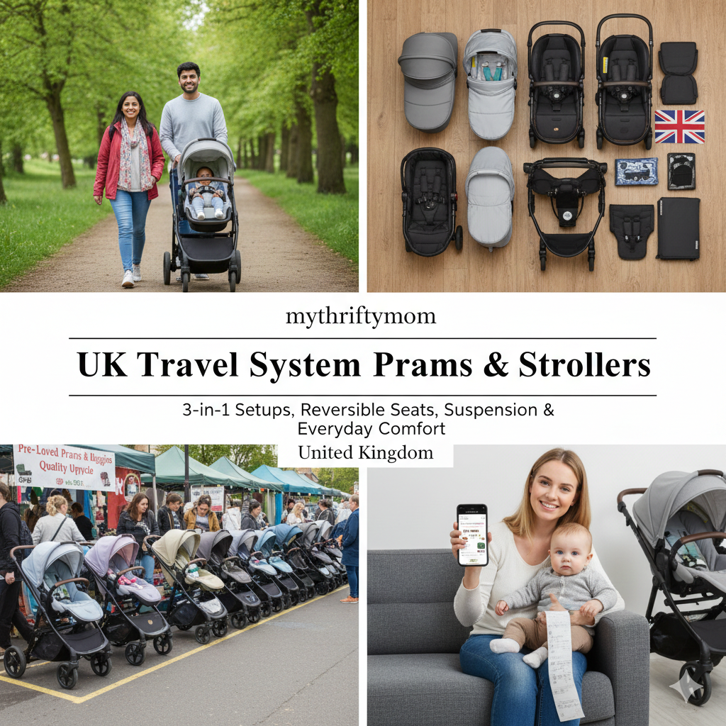 UK travel system prams featuring 3-in-1 strollers, reversible seat pushchairs, all-wheel suspension and car seat compatible systems