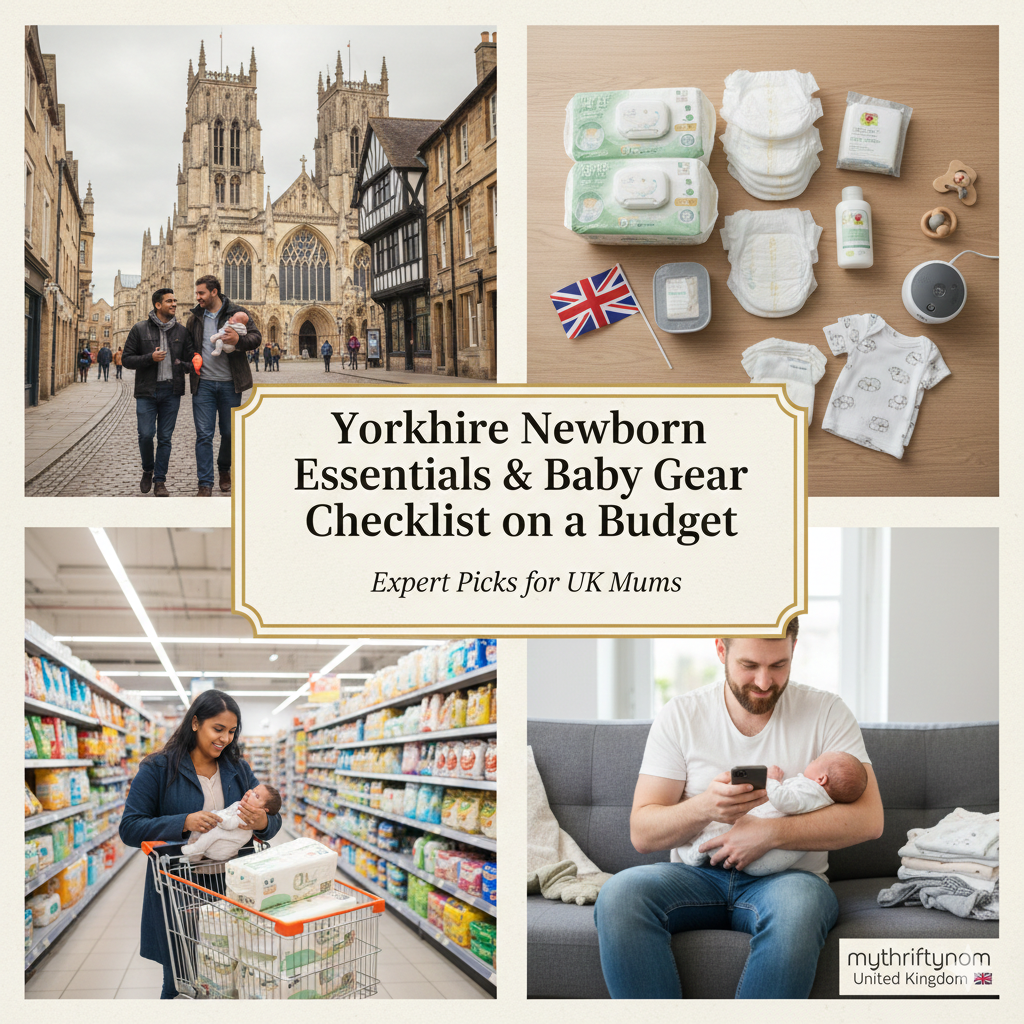 Yorkshire budget newborn essentials including affordable baby gear, feeding supplies, nappies, layered clothing and postpartum recovery items