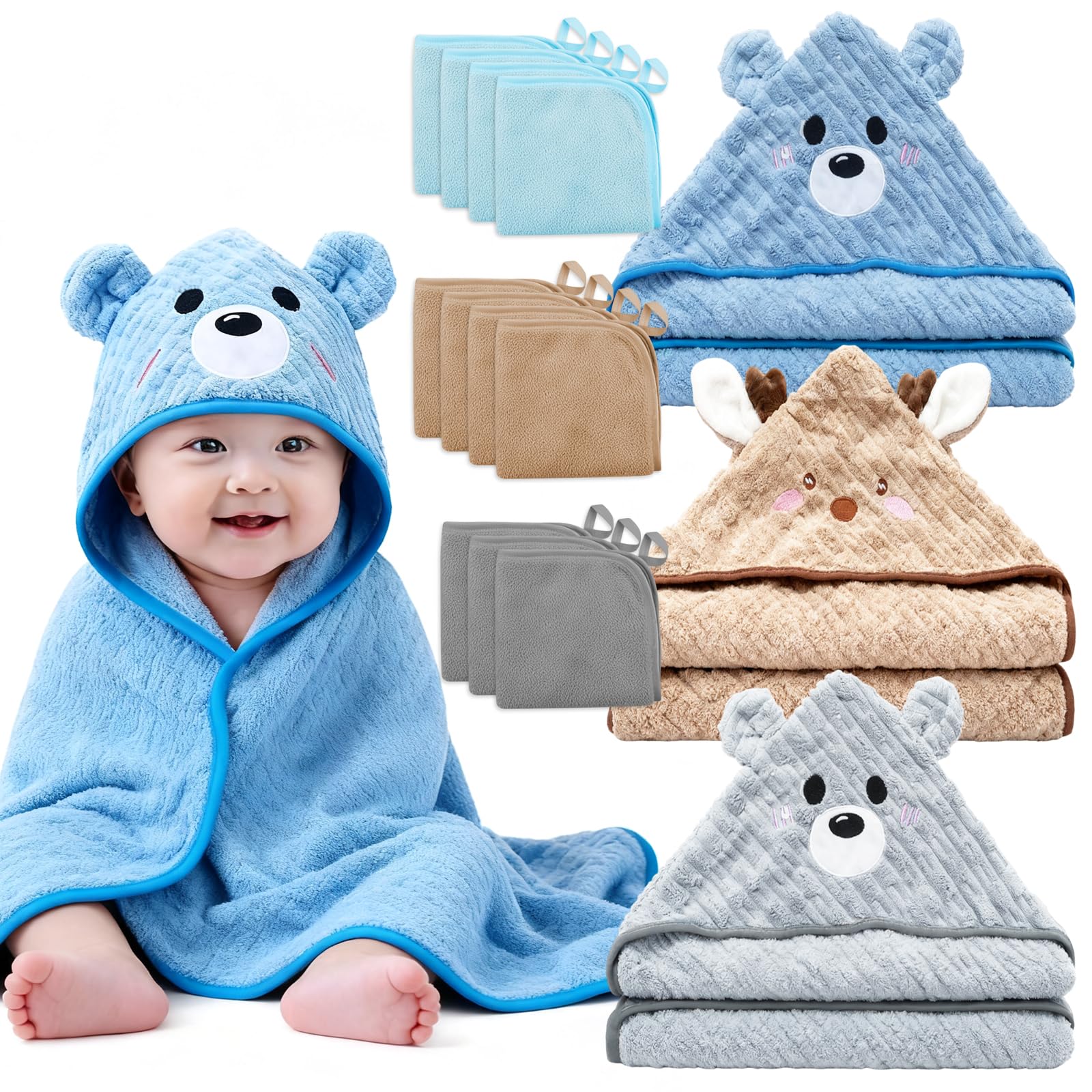 14-piece hooded baby towels set shown as complete bath kit for newborns and toddlers