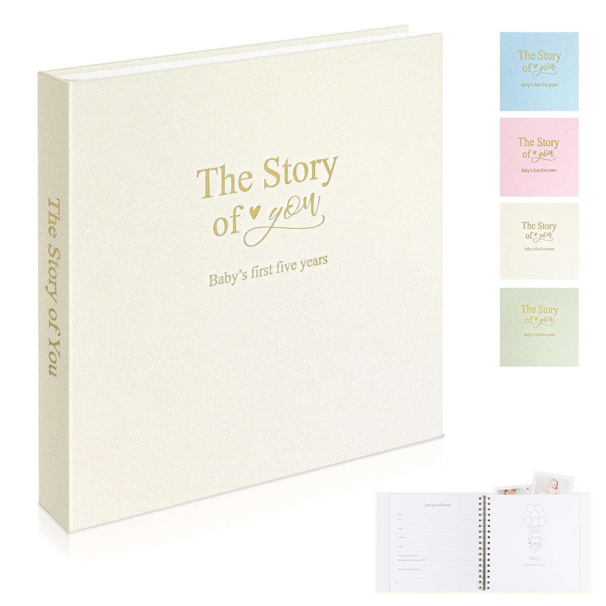 1DOT2 Timeless First 5 Years cover with linen texture and gold embossing, a durable keepsake for generations