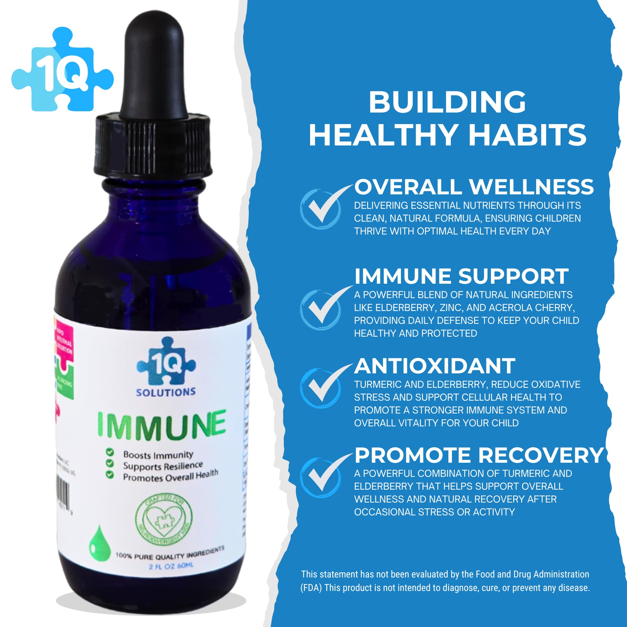1Q Immune liquid dropper dispensing subtle cherry liquid for painless dosing.