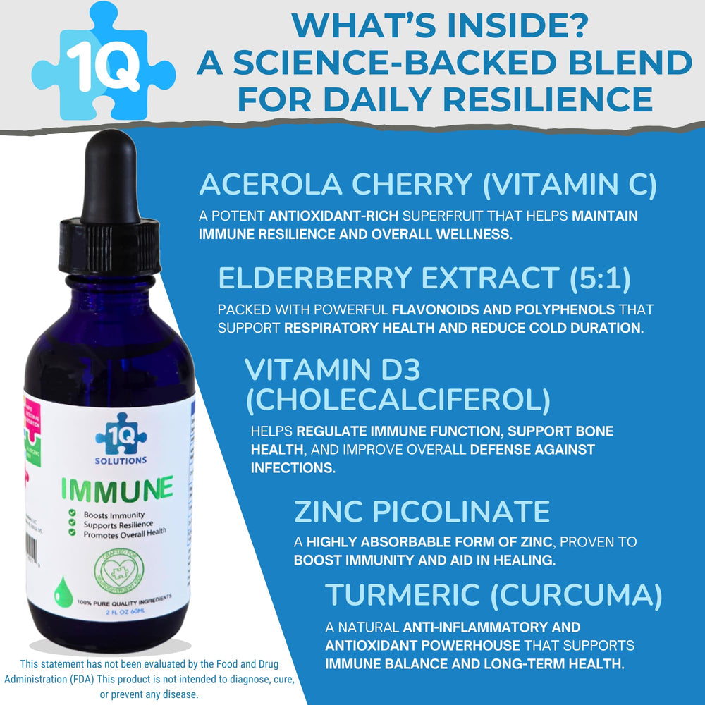 1Q Immune vegan sugar-free label emphasizing clean ingredients for sensitive systems.