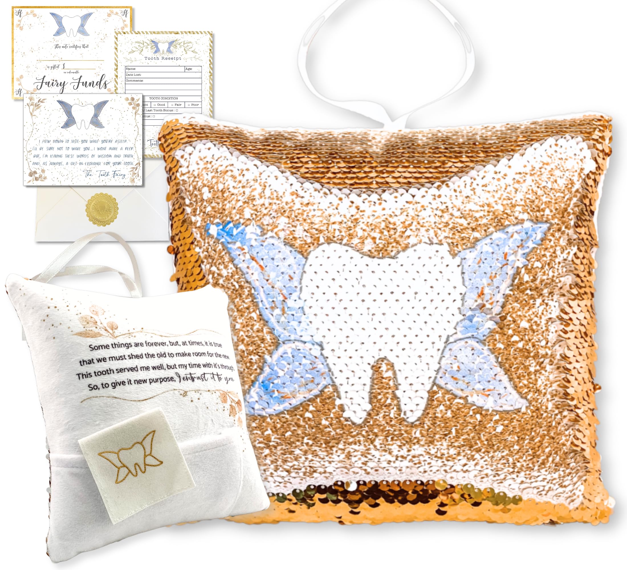 20 Moments of Tooth pillow with gold sequin front reveals tooth fairy image.