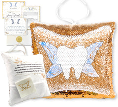 20 Moments of Tooth pillow with gold sequin front reveals tooth fairy image.