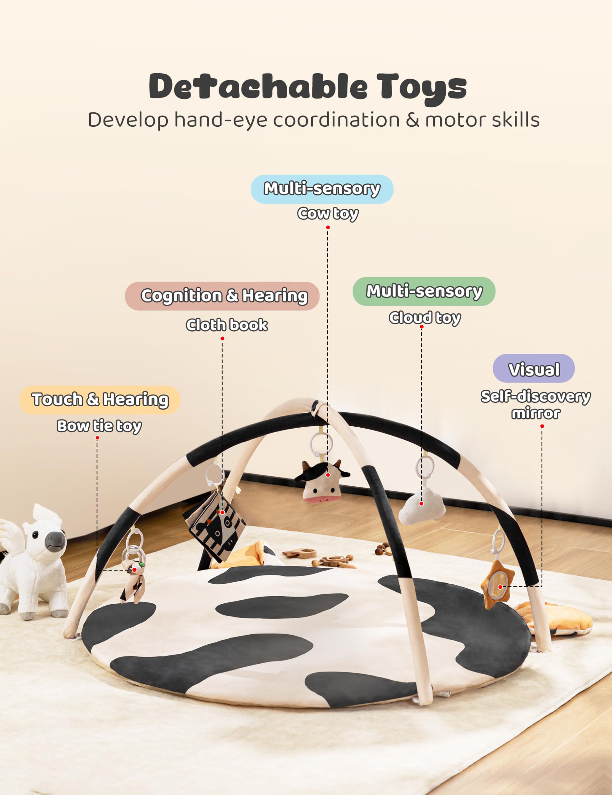 2PM SPORTS Cow Theme Baby Play Mat with detachable toys supports sensory play