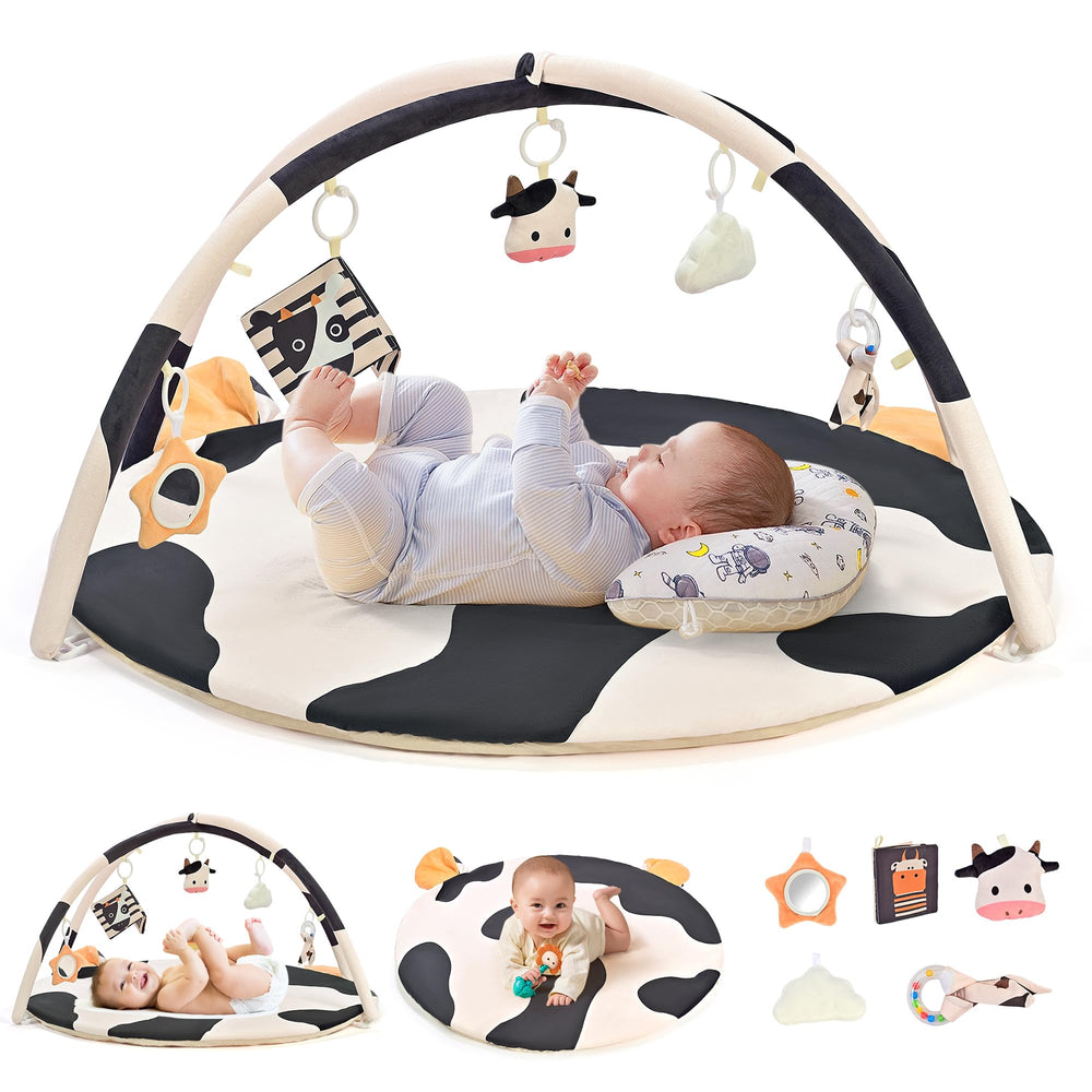 2PM SPORTS Cow Theme Baby Play Mat top view promotes safe tummy time and exploration
