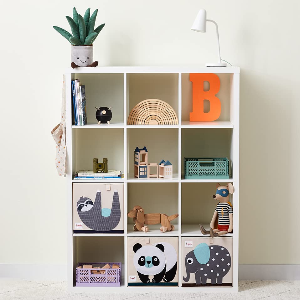 3 Sprouts cube organizer suits toys, books, and clothes for versatile storage.
