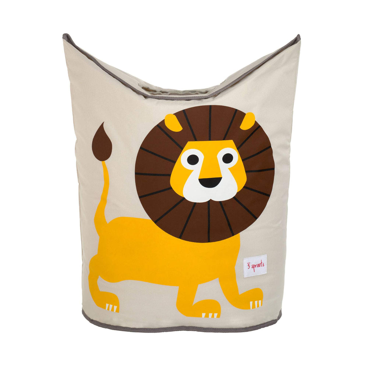The 3 Sprouts Lion laundry basket front view with collapsible handles for easy carrying.